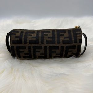 Fendi Vintage Zucca Brown Leather Canvas Pouch Purse